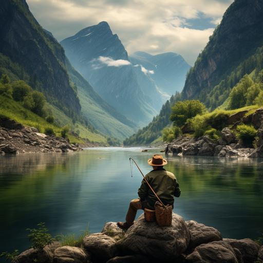 A small old fisherman in the middle of a river in mountain gorges