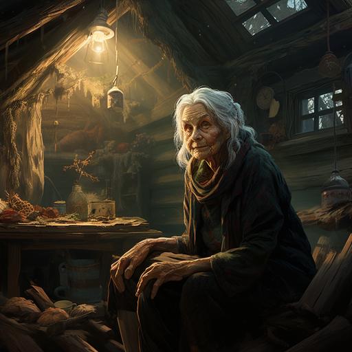 A small old lady, several hundred years old, maybe a hag?, in her forest cabin outside of a village.