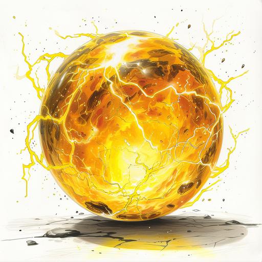 A small yellow marble in the void with explosions of yellow lightning inside. White background. Manga style drawn with colored pencils --s 250 --v 6.0