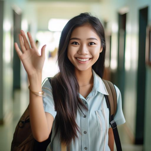 A smiling Filipino girl high school student in the hallway facing in the camera as she is about to raise her hand
