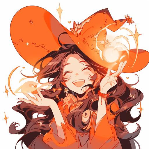A smiling witch casting a spell to blow away negativity,light orange --niji