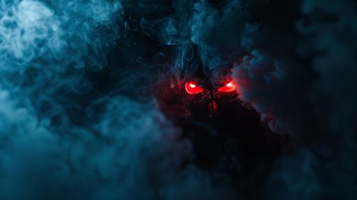 A smoke that’s dark with red glowing eyes inside of the smoke that’s in a dark room that has one light that’s turn off and on by it’s self --ar 16:9