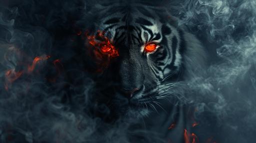 A smoke that’s dark with red glowing tiger eyes inside of the smoke that’s in a dark room that has one light that’s turn off and on by it’s self, --ar 16:9