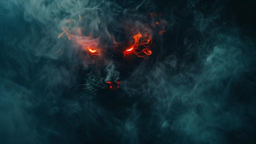 A smoke that’s dark with red glowing tiger eyes inside of the smoke that’s in a dark room that has one light that’s turn off and on by it’s self, --ar 16:9