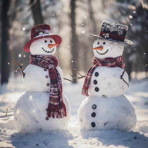 A snowman and snowwoman standing next to each other smiling
