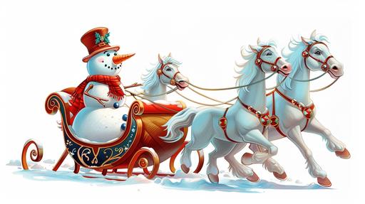 A snowman rides on a New Year's sleigh with three horses. side view, on a white background, cartoon style --ar 16:9