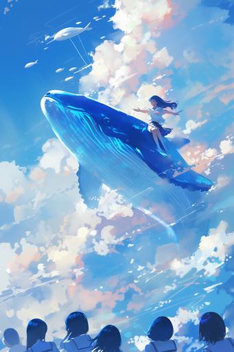 A soft blimp shaped like a whale swims in the blue sky. A girl in a Japanese school uniform is singing a song in the airship, peering over the sky at her classmates. A large white iridescent cloud floats in the blue sky. Several classmates look up at the blimp with surprised expressions., peering over the sky at her classmates., white cloud and blue sky --niji 6 --ar 2:3