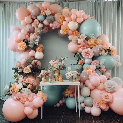 A soft pastel tone balloon party arrangement, including a light pink rainbow balloon arch, coral charm peonies and other complimenting flowers, KT board backdrop, sweet tables.