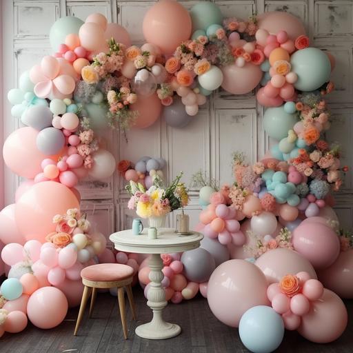A soft pastel tone balloon party arrangement, including a light pink rainbow balloon arch, coral charm peonies and other complimenting flowers, KT board backdrop, sweet tables.