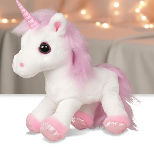 A soft unicorn plush toy lying to the side, Aurora World - Sparkle Tales, 12 inches pink unicorn, stuffed animal plush toy, soft toy, toy photography, product photography