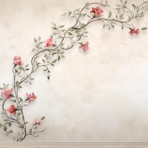 A sophisticated watercolor border design of intertwining rose vines in the left corner, adding a romantic and refined touch, stucco white wall background,--ar1:3