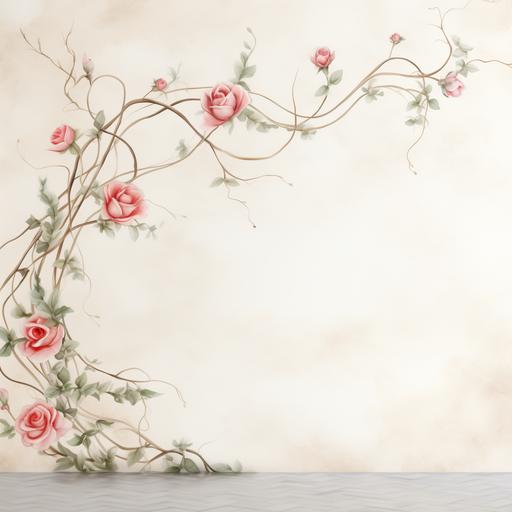 A sophisticated watercolor border design of intertwining rose vines in the left corner, adding a romantic and refined touch, stucco white wall background,--ar1:3