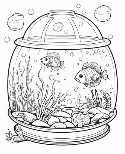 A space aquarium with alien fish, coloring page for kids, cartoon style, crisp lines, black and white, no shading, thick lines, low detail, --ar 9:11