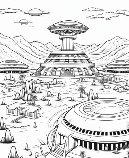 A space museum with exhibits of ancient aliens, coloring page for kids, cartoon style, crisp lines, black and white, no shading, thick lines, low detail, --ar 9:11