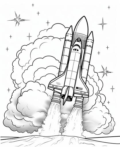 A space shuttle launching with smoke and flames, coloring page for kids, cartoon style, crisp lines, black and white, no shading, thick lines, low detail, --ar 9:11