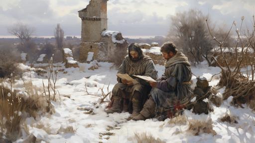 A spanish mediaval soldier with a beautiful peasant reading a book in a field, snow, a destroyed by war medieval village in the back, oil technic illustration --ar 16:9