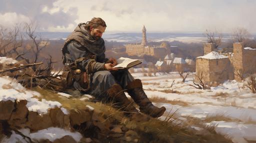 A spanish mediaval soldier with a pretty peasant reading a book in a field, snow, a beautiful medieval village in the back, oil technic illustration --ar 16:9