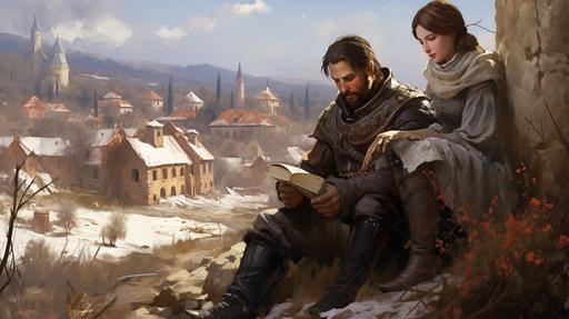 A spanish mediaval soldier with a pretty peasant reading a book in a field, snow, a beautiful medieval village in the back, oil technic illustration --ar 16:9