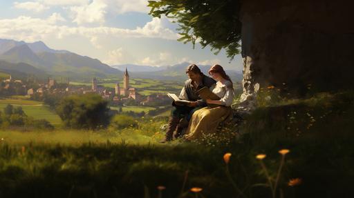 A spanish mediaval soldier with a pretty peasant reading a book in a field, sunshine, a beautiful medieval village in the back, oil technic illustration --ar 16:9