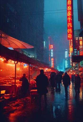 A sprawling cyberpunk market at dusk, full of people, tall buildings, dystopia, frames within frames, cinematic, highly detailed, rain, umbrellas, steam, litter, signs , stalls, bars, blue colour, anamorphic lens, light flares in the style of Andrei Tarkovsky, Krzysztof Kieślowski and kitsunetsuki, --ar 9:16 --testp --upbeta
