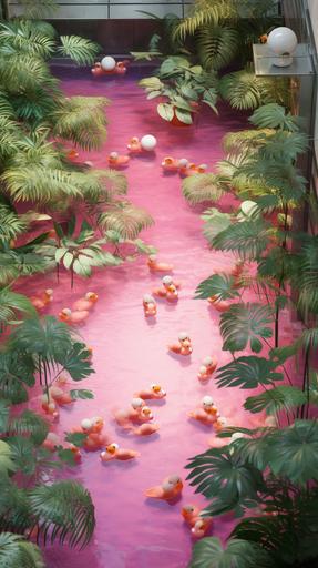 A square outdoor swimming pool with pink rubber ducks. We see it from above. The swimming pool is in a jungle, with high detailed foliage everywhere. It is raining. Make it in the style of stephen shore, digital and cyberpunk dystopia --ar 9:16