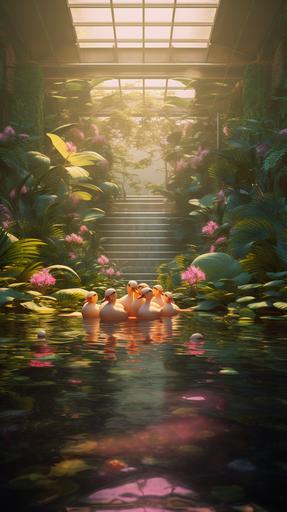 A square swiiming pool with pink rubber ducks. The swimming pool is in a jungle, with high detailed foliage everywhere. Golden light. Make it in the style of stephen shore, digital and cyberpunk dystopia --ar 9:16
