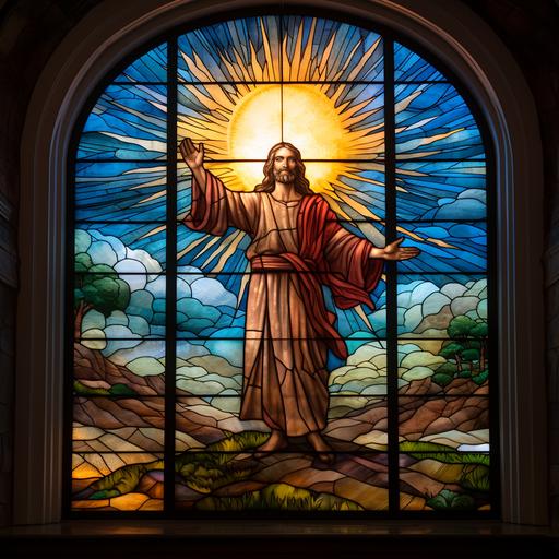 A stained-glass window depicting Jesus standing with outstretched arms, casting a gentle light on a kneeling figure, embodying the message of 