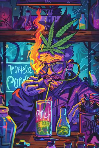 A stand up zip bag, plastic mylar, the packaging design is an artwork on a scientist in a laboratoy,shelves with chemist tools in the background, cartoon, the character have a weed leaf instead his head, with futurist sunglasses, bright purple colors, fire stick, cartoon letters says 