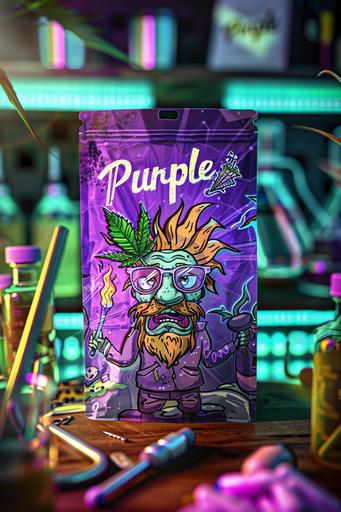 A stand up zip bag, plastic mylar, the packaging design is an artwork on a scientist in a laboratoy,shelves with chemist tools in the background, cartoon, the character have a weed leaf instead his head, with futurist sunglasses, bright purple colors, fire stick, cartoon letters says 