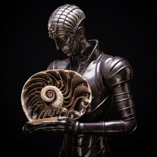A standing mannequin with a snail shell on his back and part of his body consist of open book. empty hands. no details in the background.