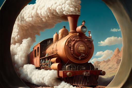 A steam train hauling the world’s largest terracotta pipe, a fine art painting, inspired by Pierre Auguste Cot --ar 3:2 --v 4