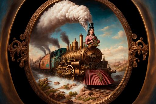 A steam train hauling the world’s largest terracotta pipe, a fine art painting, inspired by Pierre Auguste Cot --ar 3:2 --v 4