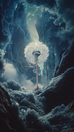 A still frame from Oscar-winning film showing a nuclear explosion from a dandelion's pappus with fluffy white hairs that form a circle around the end of the dandelion stem. Sensation, clouds, puffs of smoke and dandelion with the fluffy seed head, in the shape of a huge nuclear mushroom on the horizon above the city, which is located inside of a giant crystal cave. bright long luminous rays come from the center in all directions. nuclearcore. Light within the cave is ethereal and otherworldly. Sunlight from the cave’s entrance or cracks in the rock above filters down in beams, refracting through the crystal formations and casting prismatic patterns on the cave walls. In some areas, the light is soft and diffused, gently illuminating the surroundings and making the air itself seem to glow. In others, it is sharp and focused, turning the crystals into dazzling beacons that light up the darkness with a spectral brilliance. Majestic and intricate beauty. Cinematic, translucent whites and icy blues, dark gray and fire yellow --ar 9:16 --s 250 --v 6.0 --style raw