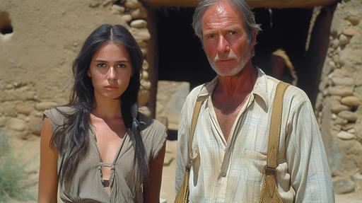 A still from the 1976 Clint Eastwood movie Andalusian Geoglyph, in colab with Giorgio de Chirico and M. Night Shyamalan, Ancient Neolithic Anatolian Farmer tribal young woman investigating ancient alien geoglyphs, subtle barely perceptible pareidolia, sagacious adventurous man, frontal shot of the characters with surprised facial expressions, contrasting halftone clothes, ancient ruins in the desert, somewhere in the Middle East --ar 16:9 --v 6.0 --s 500
