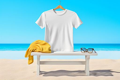 A stock photo of a white blank t - shirt mockup with a summer theme. The image features a clean and modern t - shirt in a bright white color, perfect for showcasing custom branding or graphics. The t - shirt may be displayed on a beach chair, a hanger, or other summer - inspired contexts. The background may include elements such as sand, seashells, or other beachy motifs, which can be used to complement the summer theme. The overall composition creates a visually appealing contrast between the simplicity of the t - shirt and the organic texture of the background. The lighting is bright and natural, highlighting the details and texture of the t - shirt and providing a fresh and modern look to the mockup. Overall, the photo conveys a sense of relaxation, warmth, and natural beauty, making it perfect for projects that want to capture the essence of summer and the beach. It is ideal for use in advertisements, social media campaigns, or blog posts that want to evoke a summery or beachy vibe. Signature, watermark, --ar 3:2 --no signature, watermark --v 5.1 --q 2