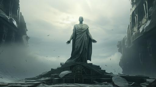 A stoic marble gantry, statue stands tall in front,an 16k cinematic landscape, intricate details --ar 16:9