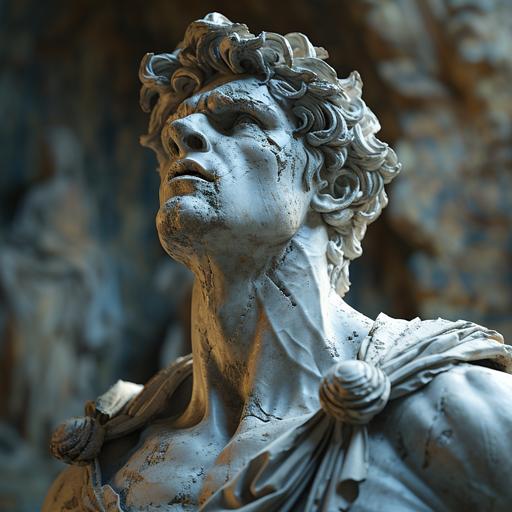 A stoic marble statue stands tall in an gantry, 8k cinematic landscape, its chiseled features with a laughing expression and intricate details capturing the essence of strength and resilience. --s 750 --v 6.0