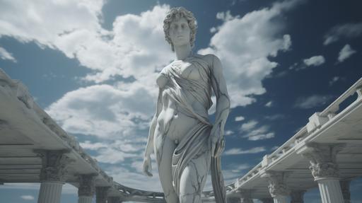 A stoic marble statue stands tall in an gantry, 8k cinematic landscape, its chiseled features with a laughing expression and intricate details --ar 16:9