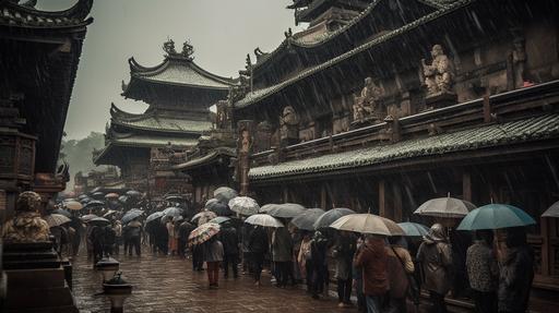 A stormy rain falls on a budist temple at noon rounded by thousand of undead zombies without umbrellas. There are thousands of zombies rounding the budist temple without umbrellas. A professional photographer should use a high-quality DSLR or mirrorless camera, such as the Canon EOS 5D Mark IV or the Sony Alpha A7R III, paired with a macro lens like the Canon EF 100mm f/2.8L Macro IS USM or the Sony FE 90mm f/2.8 Macro G OSS, to capture the intricate details and textures. Set the aperture between f/4 and f/5.6 to ensure zombies are in sharp focus while maintaining a pleasing background blur. Keep the ISO low (100-400) to minimize noise and achieve a clean, crisp image quality. Utilize natural light or studio lighting with softboxes to create even, flattering illumination on the man, highlighting the vibrant colors and mouthwatering composition. In post-production, adjust the image’s contrast, brightness, and saturation to emphasize the tantalizing hues. The final photograph should evoke a sense of spiritualism, photorealistic, hyper maximalist, hyper detailed, insane details, cinematic lighting, cinematic 32k, cinematic 32k --ar 16:9 --v 5 --q 2 --s 750 --v 5