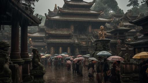 A stormy rain falls on a budist temple at noon rounded by thousand of undead zombies. There are thousands of zombies rounding the budist temple. A professional photographer should use a high-quality DSLR or mirrorless camera, such as the Canon EOS 5D Mark IV or the Sony Alpha A7R III, paired with a macro lens like the Canon EF 100mm f/2.8L Macro IS USM or the Sony FE 90mm f/2.8 Macro G OSS, to capture the intricate details and textures. Set the aperture between f/4 and f/5.6 to ensure zombies are in sharp focus while maintaining a pleasing background blur. Keep the ISO low (100-400) to minimize noise and achieve a clean, crisp image quality. Utilize natural light or studio lighting with softboxes to create even, flattering illumination on the man, highlighting the vibrant colors and mouthwatering composition. In post-production, adjust the image’s contrast, brightness, and saturation to emphasize the tantalizing hues. The final photograph should evoke a sense of spiritualism, photorealistic, hyper maximalist, hyper detailed, insane details, cinematic lighting, cinematic 32k, cinematic 32k --ar 16:9 --v 5 --q 2 --s 750 --v 5