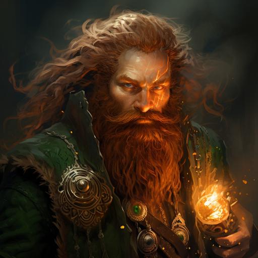 A stout dwarf with a wild mane of fiery orange hair, adorned with intricate braids. His emerald-green eyes sparkle with a mischievous glint, and his beard, adorned with small trinkets, reaches down to his chest