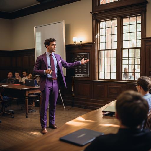 A strapping man in a purple suit teaching at Harvard University. The background should be a prestigious wood-paneled room with a blank whiteboard.