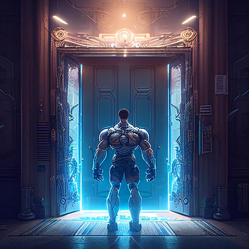 A strong man physically, mentally, emotionally and Spiritually, Standing tall ready to clean scammers in the Crypto space, half human, half robot, floating infront of a huge door, goarding the door, dynamic lighting, cinematic, hyper realistc, high details
