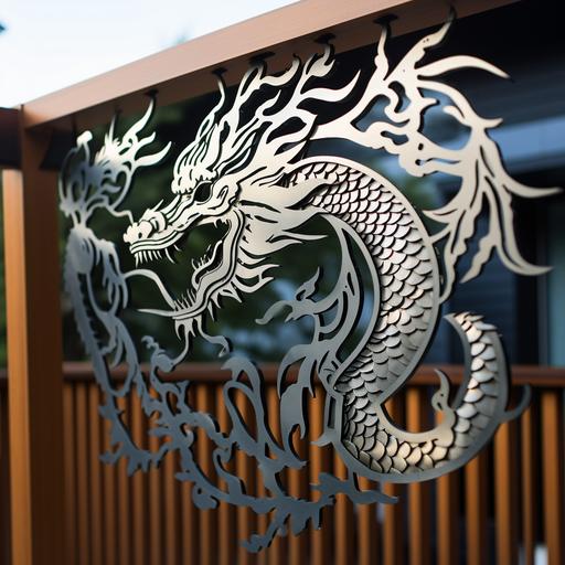 A stunning 3mm thick metal sheet, 2 meters by 1 meter, crafted for a balcony railing with an intricate dragon design inspired by Japanese art. The dragon has lifelike features and is accompanied by seven pearls, thoughtfully placed within the design. Everything must be a seamless pattern and silhouette cut out