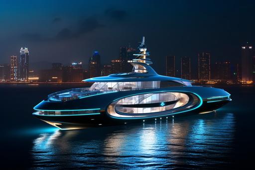 A stunning mega yacht designed to resemble a futuristic city on water, with sleek glass and steel structures that tower above the main deck. The yacht features a central skyscraper-like structure that houses luxurious living quarters, as well as lush rooftop gardens, swimming pools, and even a helipad. The vessel's unique design is accentuated by bold neon lighting, which casts a mesmerizing glow on the surrounding water. --ar 3:2 --v 5.1