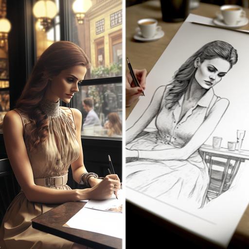 A stylist who draws trendy dresses is sitting in a cafe and drawing