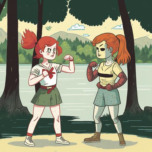 A stylized and realistic scene of two friends In front of a summer camp sign, the two friends practice karate in front of a lake surrounded by green forrest. The girl has red hair that's tied at the back and poofy up front, she has a half mask on her face the nose part of the mask is like a birds beak. She's wearing a white shirt with the camps logo on front her cheeks are rosey and her lips are bright pink. Her friends head is a jack o lantern with gene wilders blonde frizzy hair, he's wearing a white top with the camps logo on it and brown shorts they're booth young adults. it's a bright yellow day, people are jet skiiing on a boat in the lake behind them. There is a polaroid filter over the whole scene. It's a very picturesque and nostalgic scene.