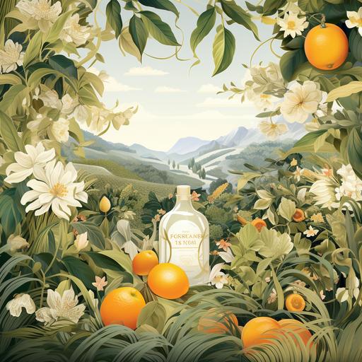 A stylized citrus garden where various citrus fruits grow for MONA Signature Gin. The label forms an artistic frame around the image.