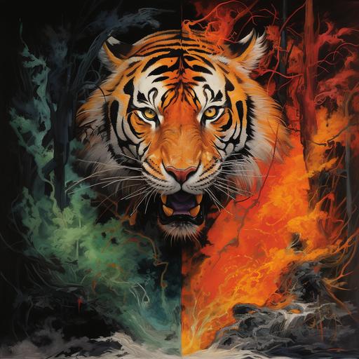 A stylized portrait-oriented depiction where a tiger serves as the dividing line between two contrasting worlds. To the left, fiery reds and oranges dominate as flames consume trees. To the right, a rejuvenated forest flourishes with fresh green foliage. The tiger, depicted with exaggerated and artistic features, stands tall and undeterred, symbolizing nature's enduring spirit amidst chaos and rebirth.