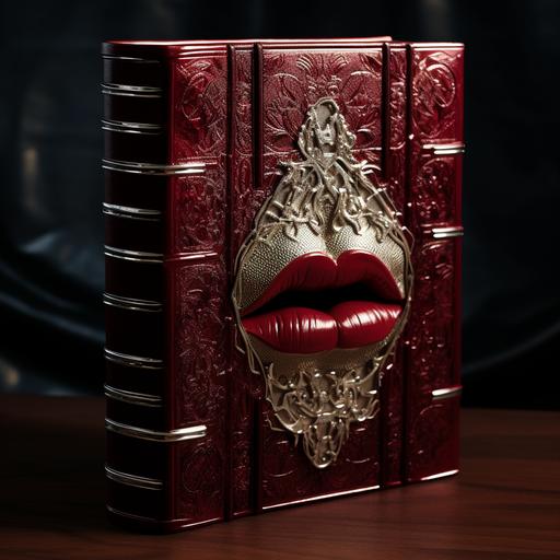 A suede, maroon, fantasy-styled, matte hardcover, ancient, tome with sliver trim and silver inlay along the cover. Closed lips with silver lipstick are on the hardcover. High contrast. High detail. Comicbook style.